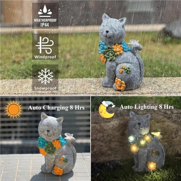 Solar Cat Statue Outdoor Garden Decor, Cat Figurines Garden Outside Decoration - Picture 6 of 7